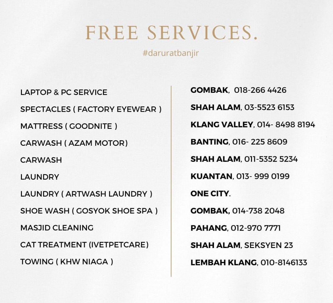 nadhirahkmrzmn_'s tweet photo. Free Services‼️‼️ 

Bagi yang memerlukan, terus contact nombor dekat situ ikut kawasan korang. Semoga dipermudahkan. 

Credit instagram: the.juls_

#BantuanBanjir #DaruratBanjir https://t.co/0NtgqrrZzA