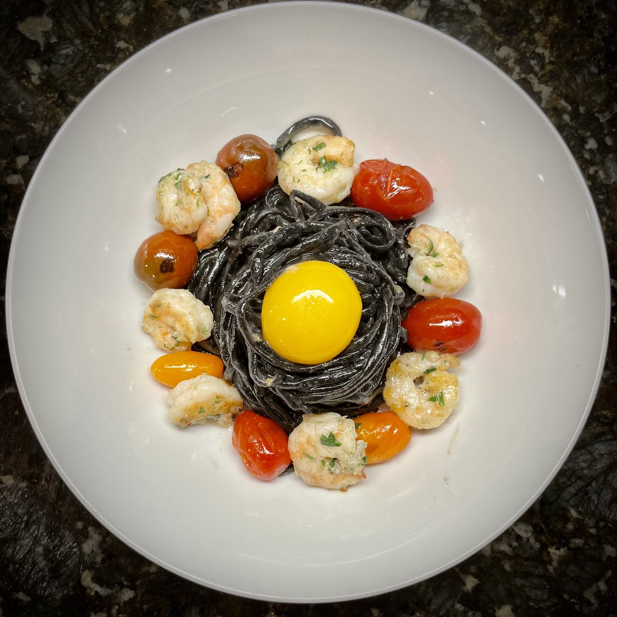 DrLCsquare's tweet photo. Tonight’s episode of #CookingWithLC features a squid ink pasta with shrimp and cherry tomatoes. #ChemistsWhoCook👨🍳 #SoGood https://t.co/G2Yz3bQepb