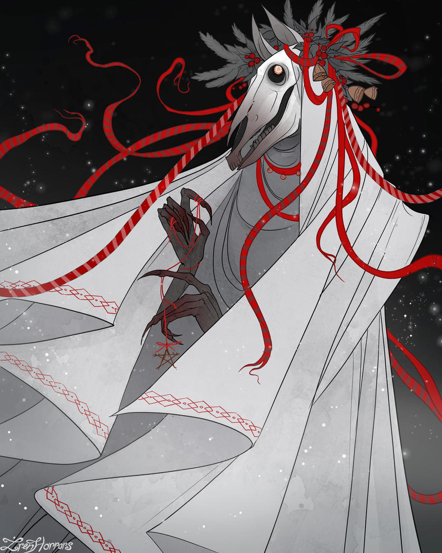 smalltownspooky's tweet photo. If you'd like to avoid parting with your food or drink, it's best to have a verse on hand (song, poem or prose) to respond to any thrown out by the Mary Lwyd. (Image is "Mari Lwyd" by IrenHorrors on DeviantArt). https://t.co/c5laRmaSS6