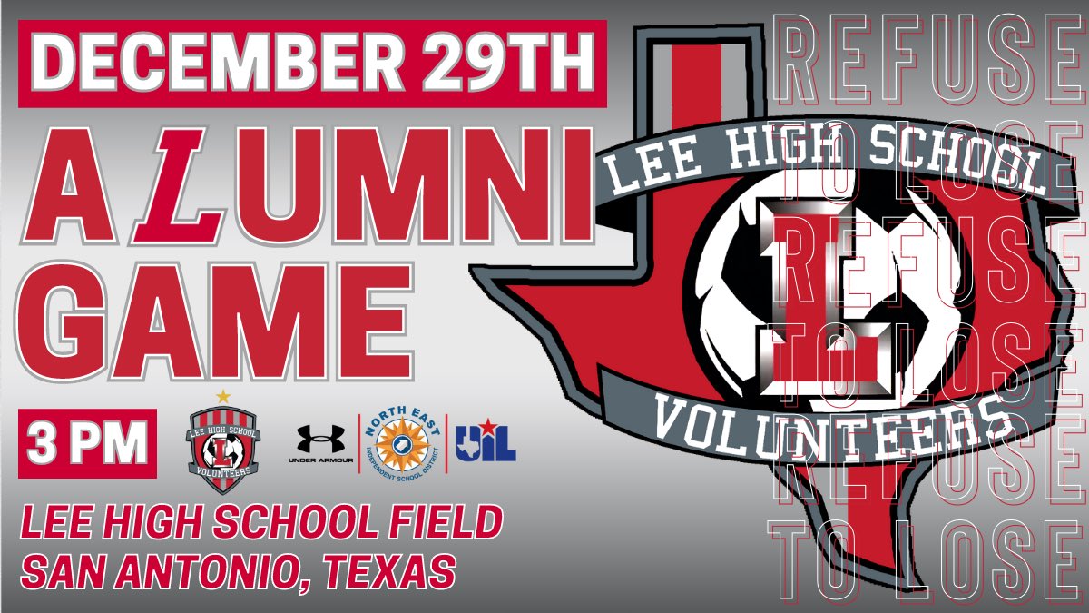 📣 <a href="/LEEVOLSSOCCER/">LEE Vols Soccer</a> ALUMNI 📣
IT’S TIME TO PULL OUT THE BOOTS 👏🏼👏🏼👏🏼

Join us next Wednesday for our 2021 <a href="/LEEVOLSSOCCER/">LEE Vols Soccer</a> Alumni vs. Alumni Game. Details below - Hope to see you there! #GoVols #RefuseToLose 

📆 December 29th
📍LEE HS Field
🕒 3 PM