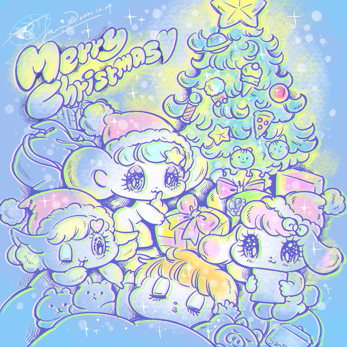 christmas christmas tree gift hat multiple girls santa hat merry christmas  illustration images