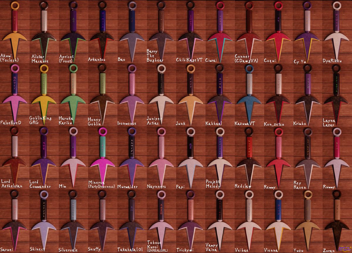 ArkantosDemon's tweet photo. Here are the Vtuber Kunai let me know which you like each one was designed with their colors in mind.
#Vtuber #ArkantosMOD https://t.co/7Z14KDrUCM