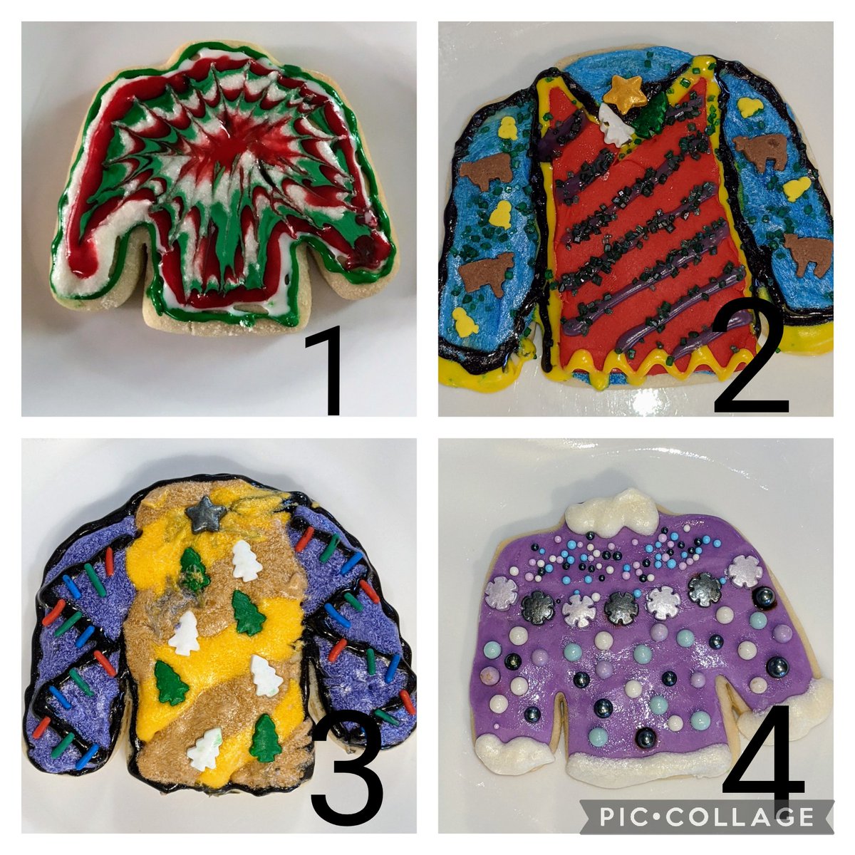 Ok Twitterverse, this is year 6 for our family's ugly Christmas sweater cookie contest. Tell us which one is your favorite. #UglyChristmasSweater #ChristmasCookies #familytraditions Voting ends at 8:00 pm on Christmas Eve.