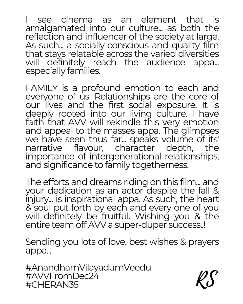 RShamasundariS's tweet photo. Directorial or acting, your path have always been socially-conscious cinema. As your 35th venture releases TODAY, wishing you &amp; team #AnandhamVilayadumVeedu a great success! With exciting projects ahead in your journey, this is your time appa 💫❤️

#AVVFromDec24 #CHERAN35 https://t.co/2Yii9LZONQ