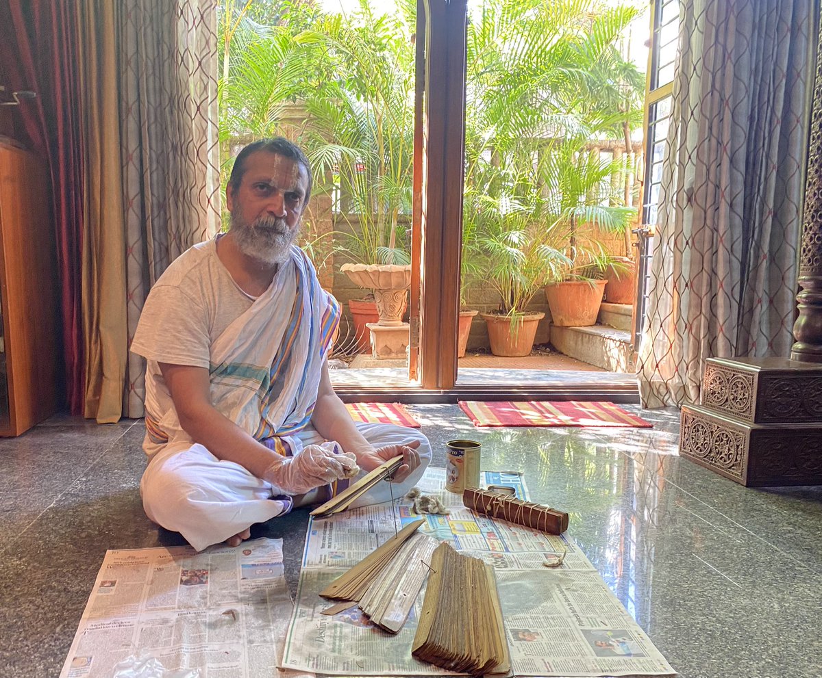 AyeeNarasimhan's tweet photo. GRANTHA SAMRAKSANAM:. Application of home made lemongrass and citronella oil for the personal collection of over 200 unpublished palm leaf manuscripts at JIR Foundation, Melkote https://t.co/Zj2mEGlQf1