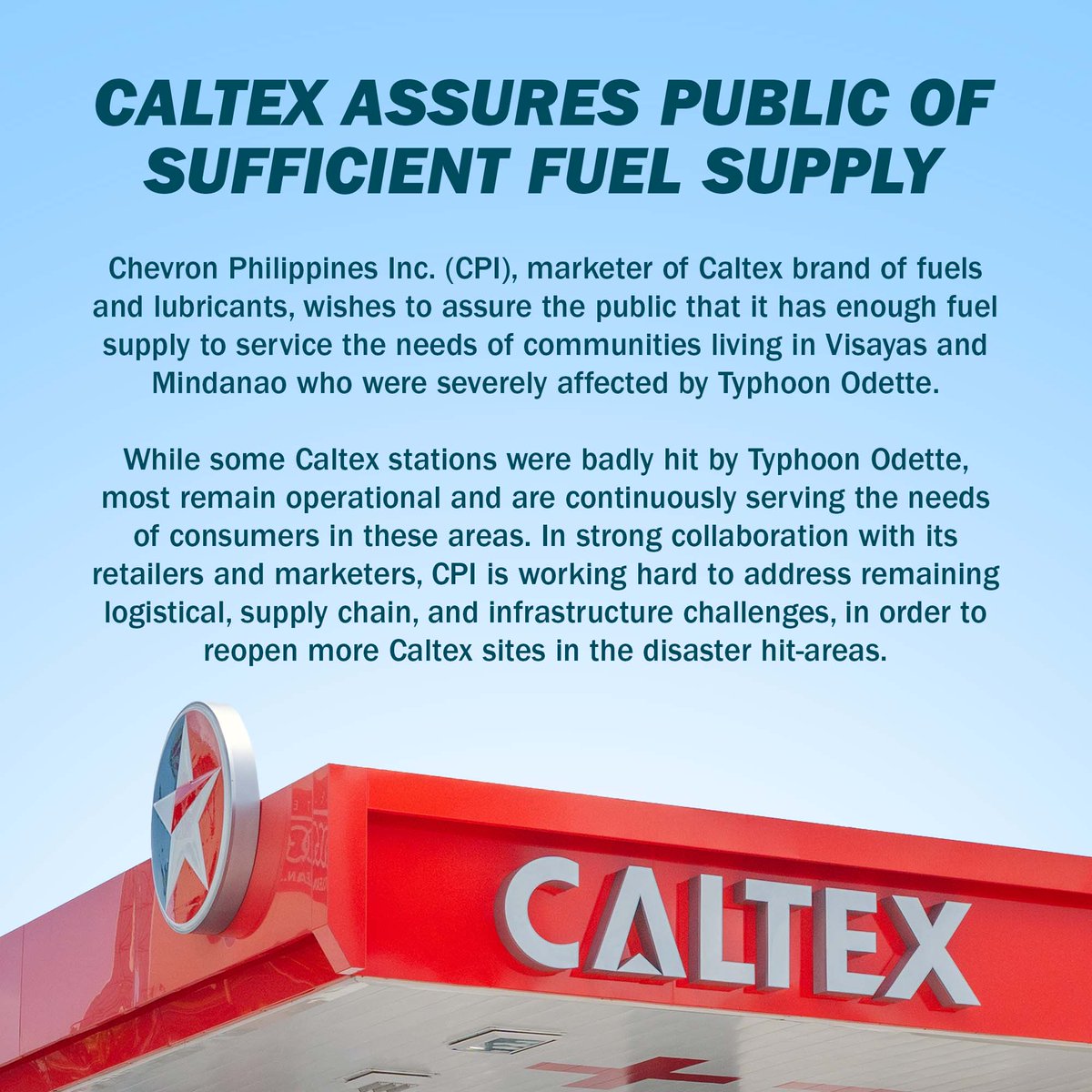 caltexph's tweet photo. Caltex assures public of sufficient fuel supply to service the needs of communities severely affected by Typhoon Odette.
Read more: https://t.co/zK3AkyfeNI
#TuluyTuloyAngBiyahe #CaltexPH https://t.co/PsVEjZ9DSc