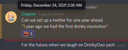 1 year ago today, we had the first Drinky revolution. I still blame <a href="/Dagzen__/">Dagzen</a> for shilling us in the <a href="/solnftradar/">Solana (NFT, Memecoin, Airdrop) Radar</a> Discord