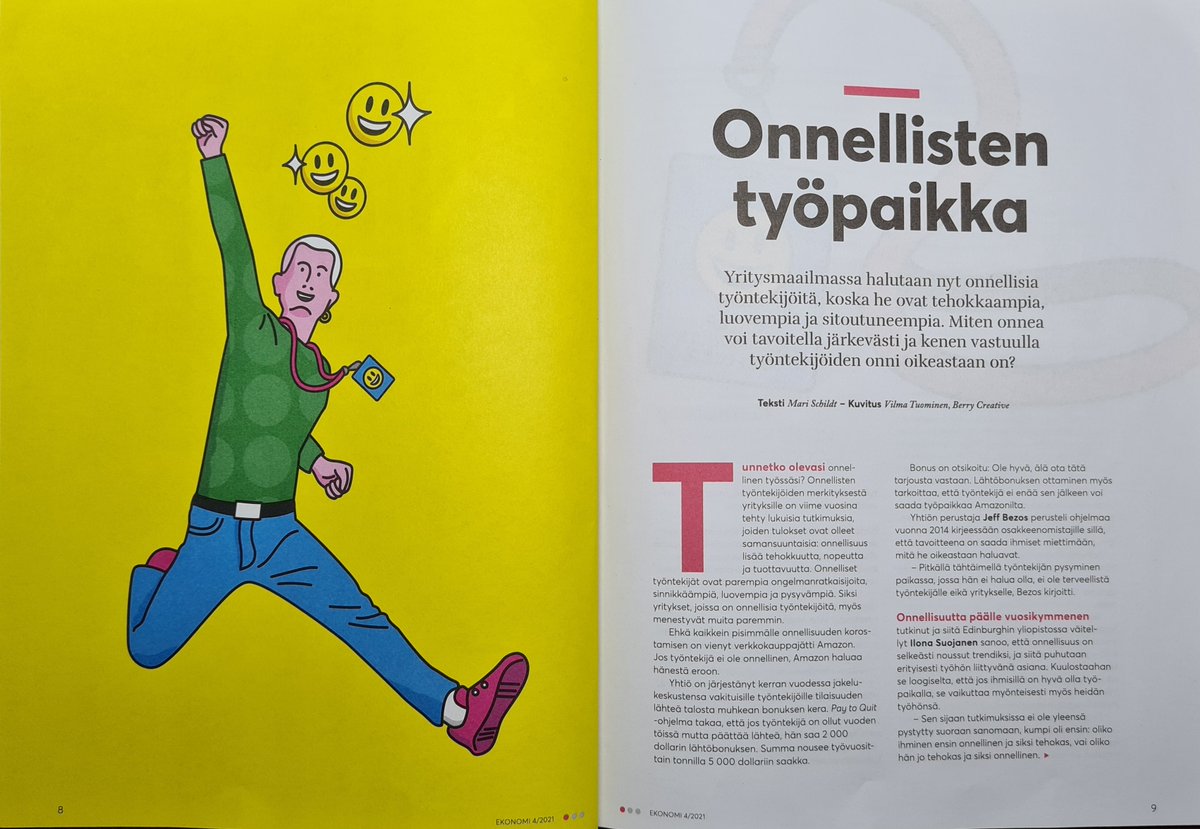 HeikkiALindroos's tweet photo. Onnellisuus? Onko sitä työpaikalla?

”Yritysmaailmaan halutaan nyt onnellisia työntekijöitä, koska he ovat tehokkaampia, luovempia ja sitoutuneempia” Tämän allekirjoitamme @ByroLegal illa. Ohessa joululukemista ( Ekonomi 4/2021)

Hyvää joulua ja ONNELLISTA uutta vuotta 🎄 https://t.co/e6ZNm25XK2