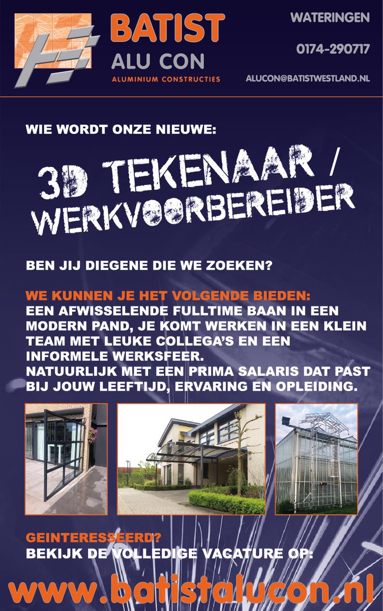 Zoek jij voor het nieuwe jaar een nieuwe, inspirerende werkkring? Voor ons jonge team zoeken wij een enthousiaste tekenaar. Solid Works en AutoCad zijn voor jou bekend terrein. Neem nu de stap en kom vrijblijvend kennismaken. Info John Lodewijk 0174-290727