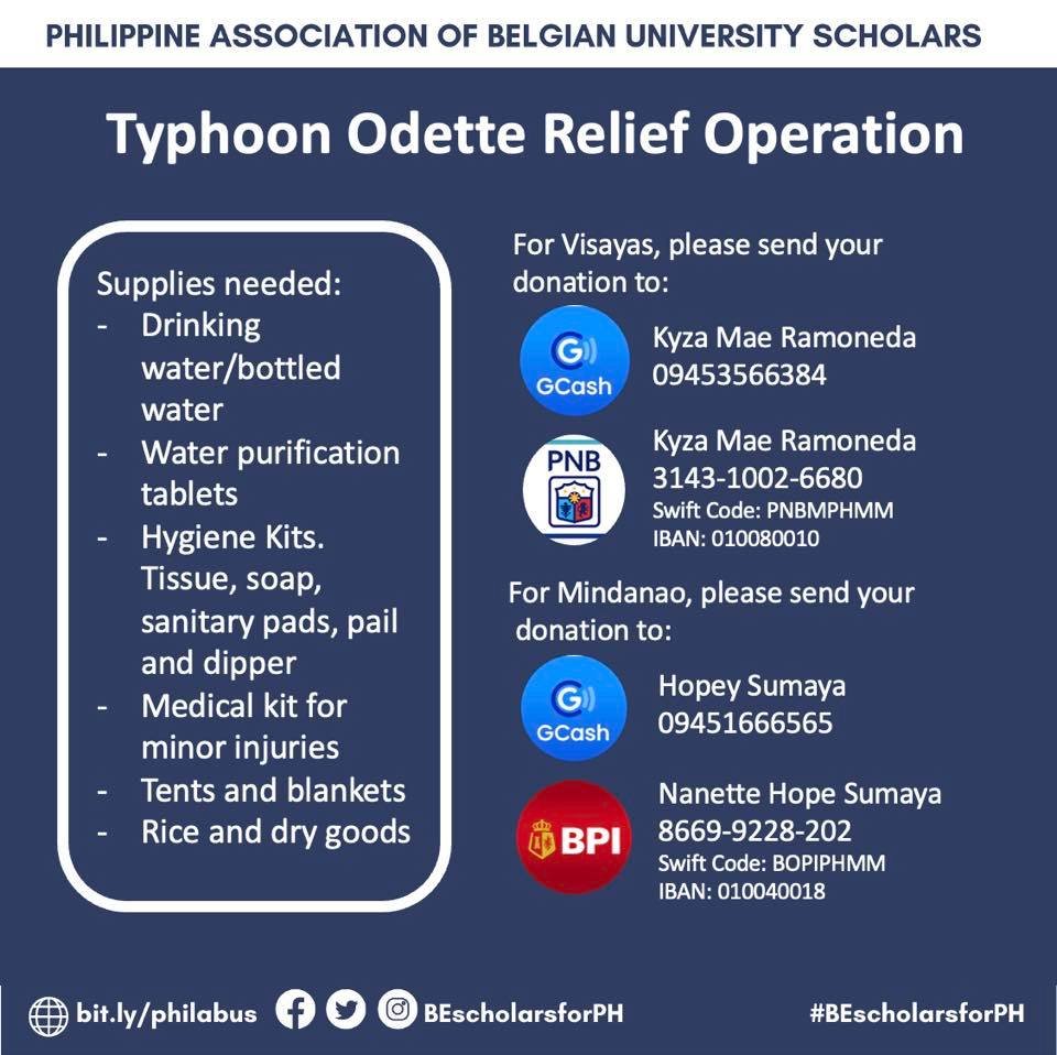 BEScholarsForPH's tweet photo. Our Typhoon Odette Relief Operation donation channels have been updated. GCash and Bank accounts are available to receive local and international donations 
For additional details, email us at philabus.org@gmail.com #BEscholarsforPH #ReliefPH https://t.co/G7IayQbn4i