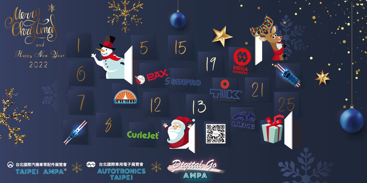 TAIPEIAMPA's tweet photo. #MerryChristmas 🎄from the #TaipeiAMPA #AutotronicsTaipei and #AMPADigitalGo team.
Give yourself the perfect #Christmas 🎁: register for Taipei AMPA 2022 today!
🌐https://t.co/Mrdq1aF5Cw https://t.co/RYBtUobyQc
