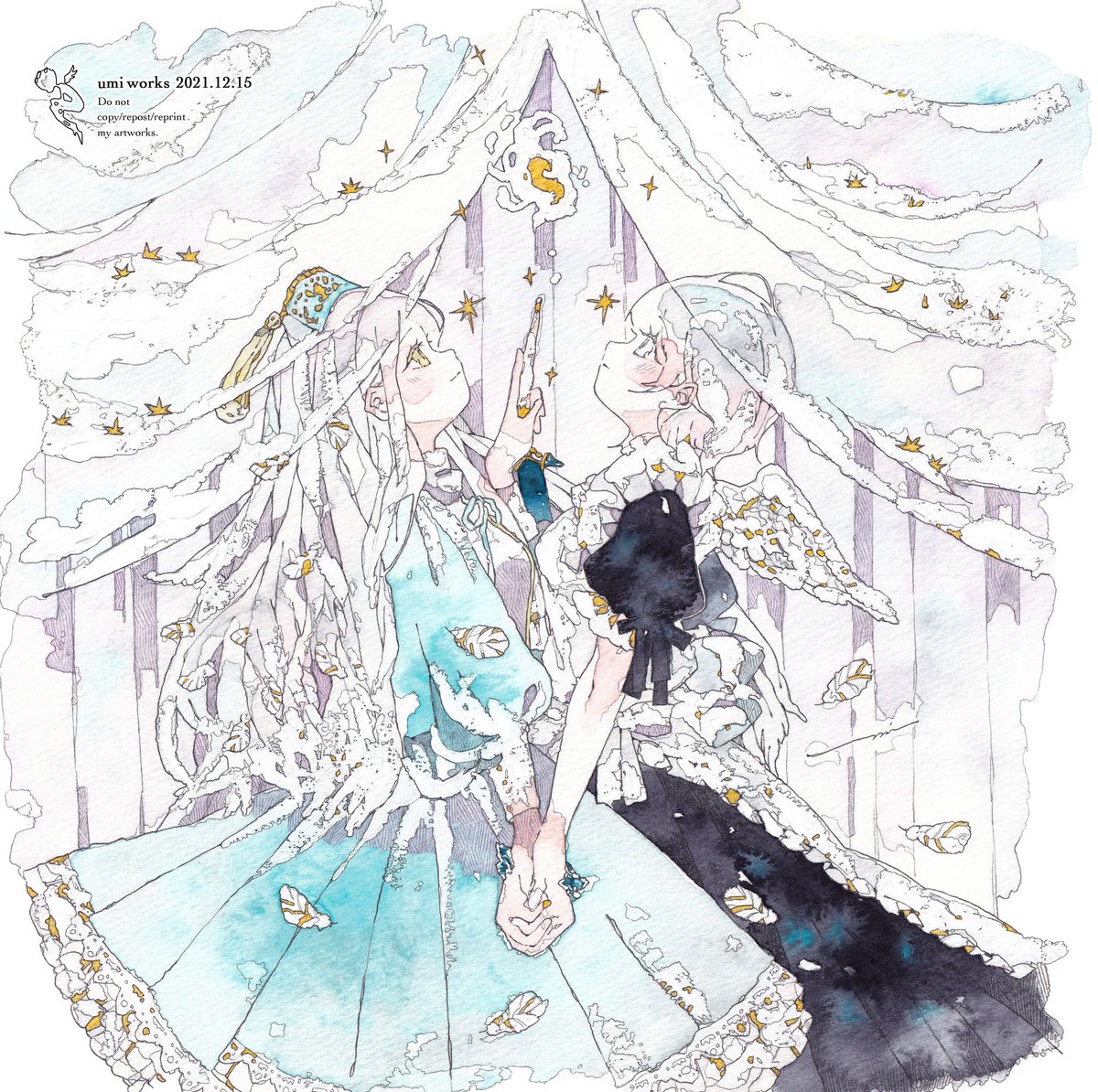 multiple girls 2girls dress white hair holding hands blue dress long hair  illustration images