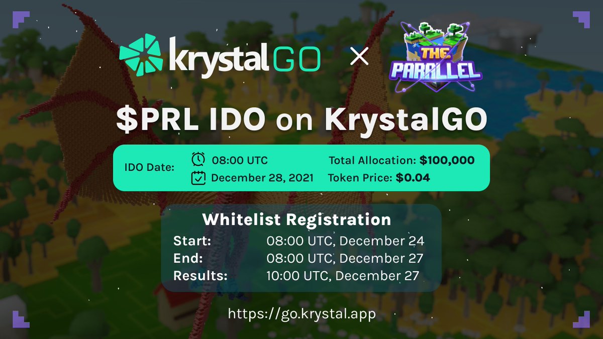 KrystalDeFi's tweet photo. 📝 Registration for $PRL IDO starts now @theparallel_io 🚀
📍 https://t.co/QxcPeZ7D3e

Reg Ends: Dec 27, 08:00 UTC
Results &amp; Pre-Order Starts: Dec 27, 10:00 UTC

Full guide here https://t.co/WeTISXF9an

Total Raise: 100,000 BUSD
Token Price: $0.04 https://t.co/zkFmh4t1cS