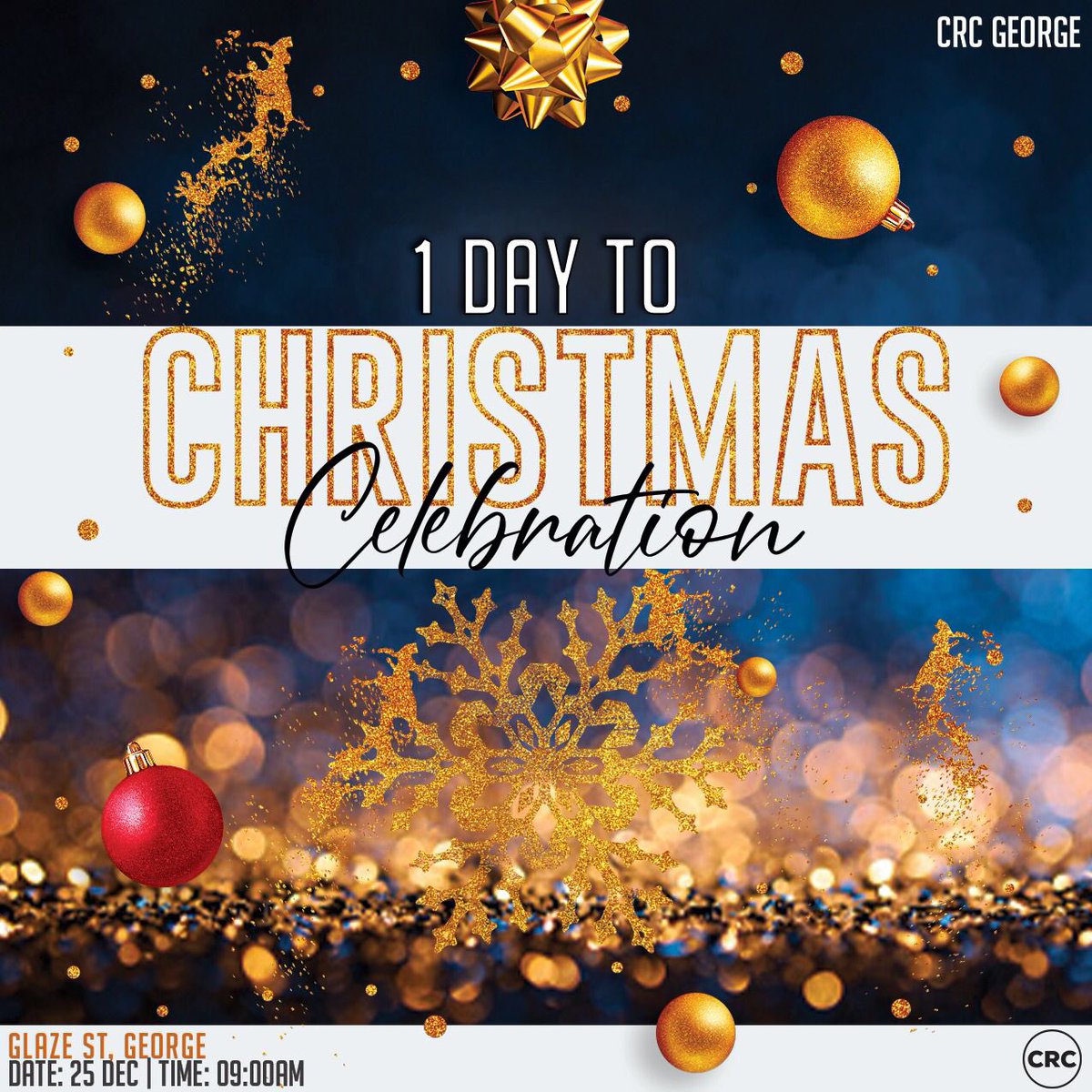 Hi Family 🎄
The wait is almost over 😁 join us tomorrow morning 25 December at 09:00AM for our Christmas Celebration Service at <a href="/CRCGeorge/">CRC George</a> 

Bring your family and friends 👨‍👩‍👧‍👦 as we celebrate our Lord Jesus Christ together ✝️.
#DivineRestoration2021 #Christmas