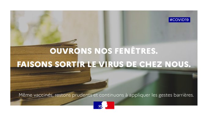 #COVID19 | Même #vacciné, l’#aération est un geste barrière essentiel pour lutter contre le virus. 💨
💡N’oubliez pas d’aérer les pièces de votre logement en ouvrant vos fenêtres, 10 minutes toutes les heures. 

Plus d’informations sur : solidarites-sante.gouv.fr/soins-et-malad…