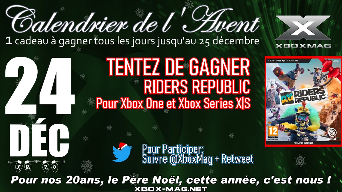 Jour 24 de notre #CalendrierDeLavent 
Tentez de gagner RIDERS REPUBLIC, pour Xbox One et Xbox Series X|S 🎅🎁🎄

Pour participer:
✅Suivez <a href="/XboxMag/">Xbox Mag</a>
🔁Retweet

#xboxmag20 #XboxSeriesX #XboxOne #concours #noel #RidersRepublic #Xbox20 #noel2021 #XboxSeriesS #Giveaway