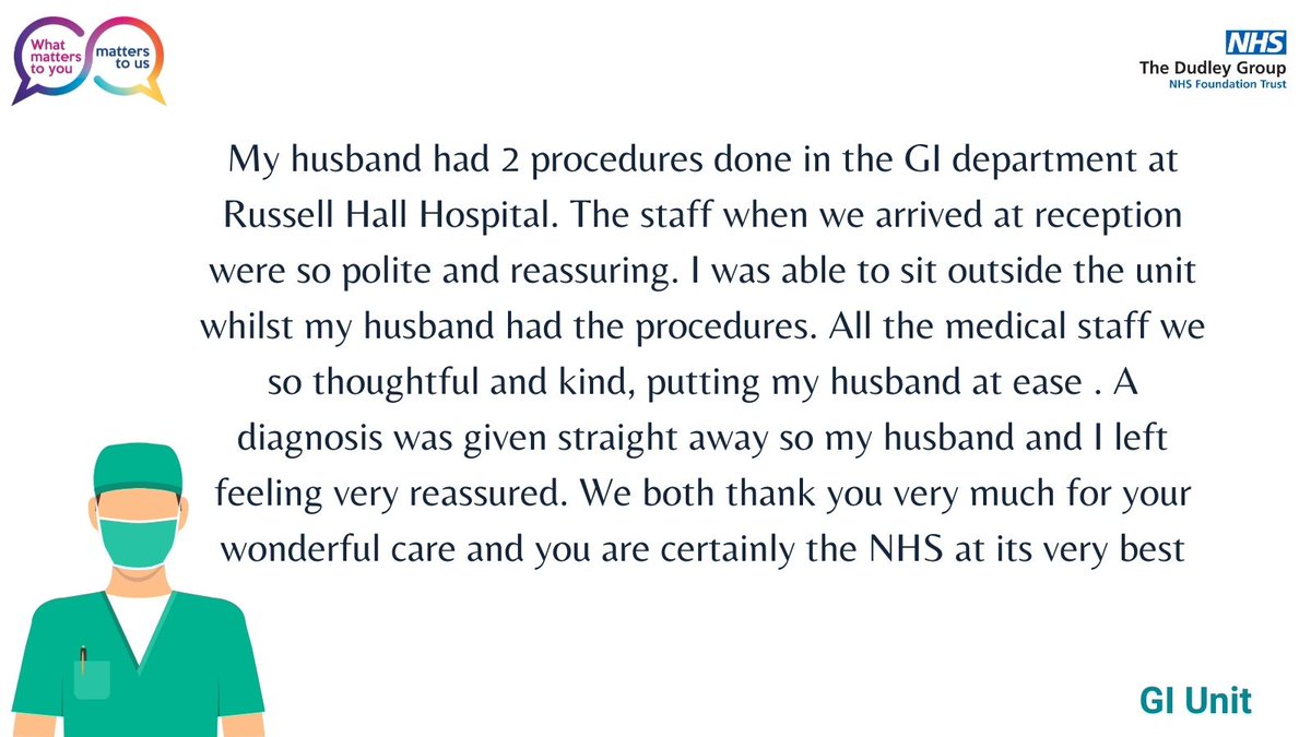 DGFT_PTEX's tweet photo. Lets start the first #MotivationalMonday of 2022 with a 5 star NHS choice comment for our GI Unit! Well done! 🌟
@DgftEndoscopy @aliperry29 @jillfaulkner65 @MarySextonNHS @DudleyGroupNHS @DudleyGroupCEO #WhatMattersToYou https://t.co/MRWhcbfeps