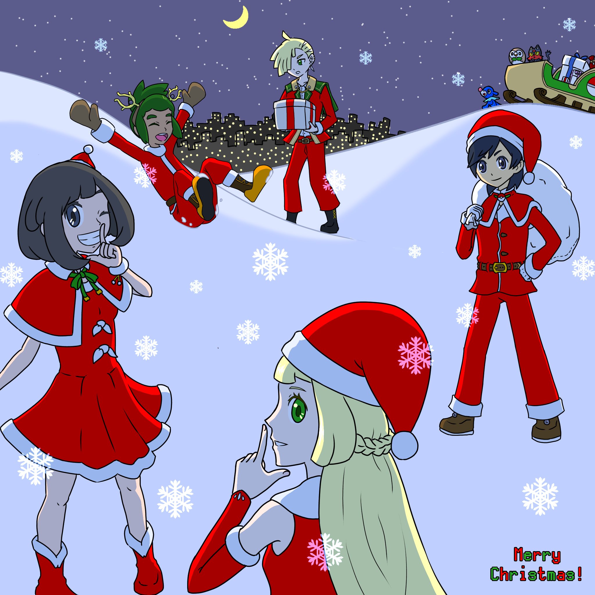 Shou イラスト投稿 ポケモンサンムーンのヨウ ミヅキ ハウ グラジオ リーリエでクリスマスイラストを描きました 聖なる夜に祝福を まだ昼でしかも仕事中だけど ポケモンイラスト T Co L4xk9iragy Twitter