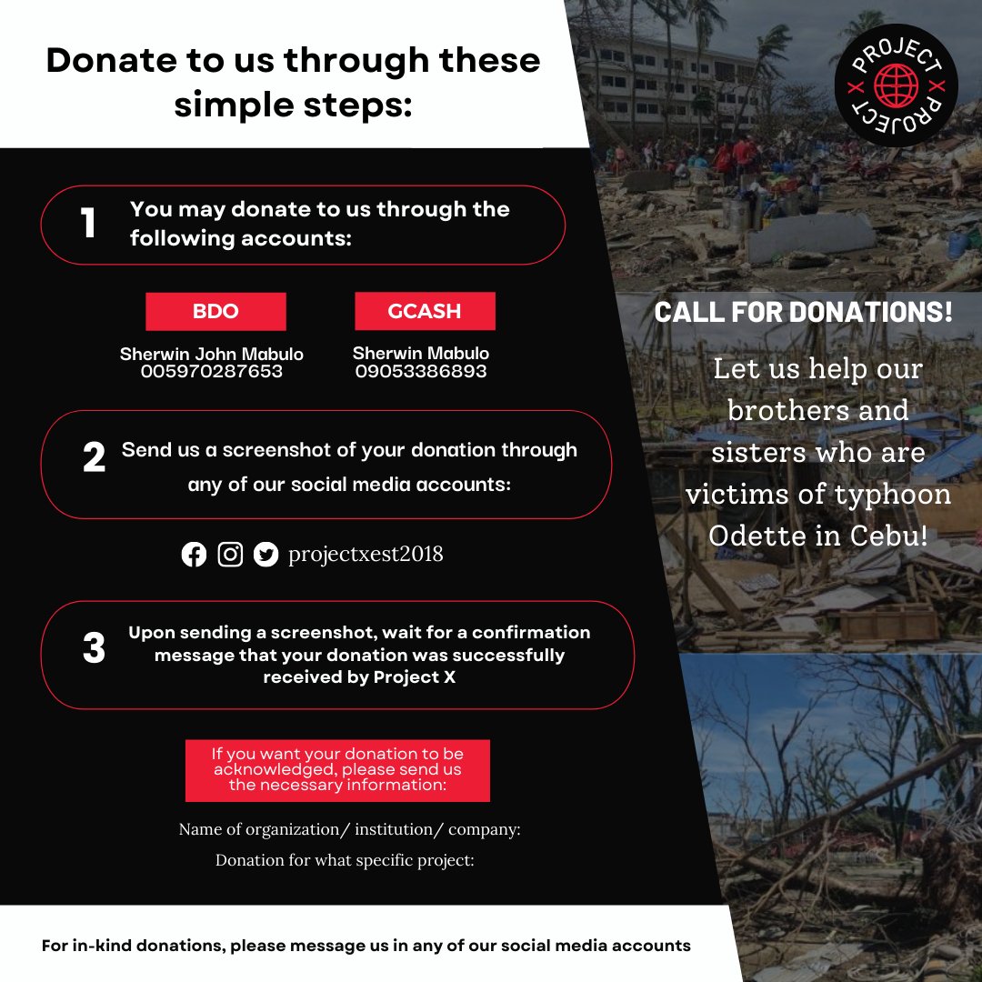 projectxest2018's tweet photo. Happy Christmas Eve! In the light of the recent events that had happened to our brothers and sisters in Cebu, Project X decided to postpone the previously advertised projects for the month of December. Nevertheless, we knock into your generous hearts to help those in need. ❤️ https://t.co/Am8JmGFjSd