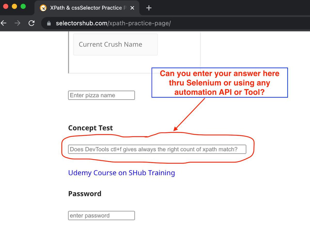 SanjayKumaarr's tweet photo. #ConceptChallenge: "Does DevTools ctl+f gives always the right count of xpath match?"
Can you enter your answer in the highlighted box through Selenium or Any automation API or Tool?
Page Link-
https://t.co/ytIlDKTZwu
#selectorshub #automationtesting #selenium https://t.co/UXYrd1cBdt