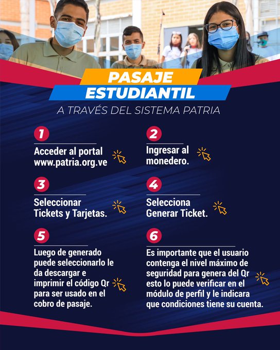 #Entérate 📢 | Estudiante de la patria, te invitamos a registrarte en #veTICKET a través del sistema #Patria, y así acceder al subsidio del pasaje estudiantil.

#PoderPopular
#ComunaONada