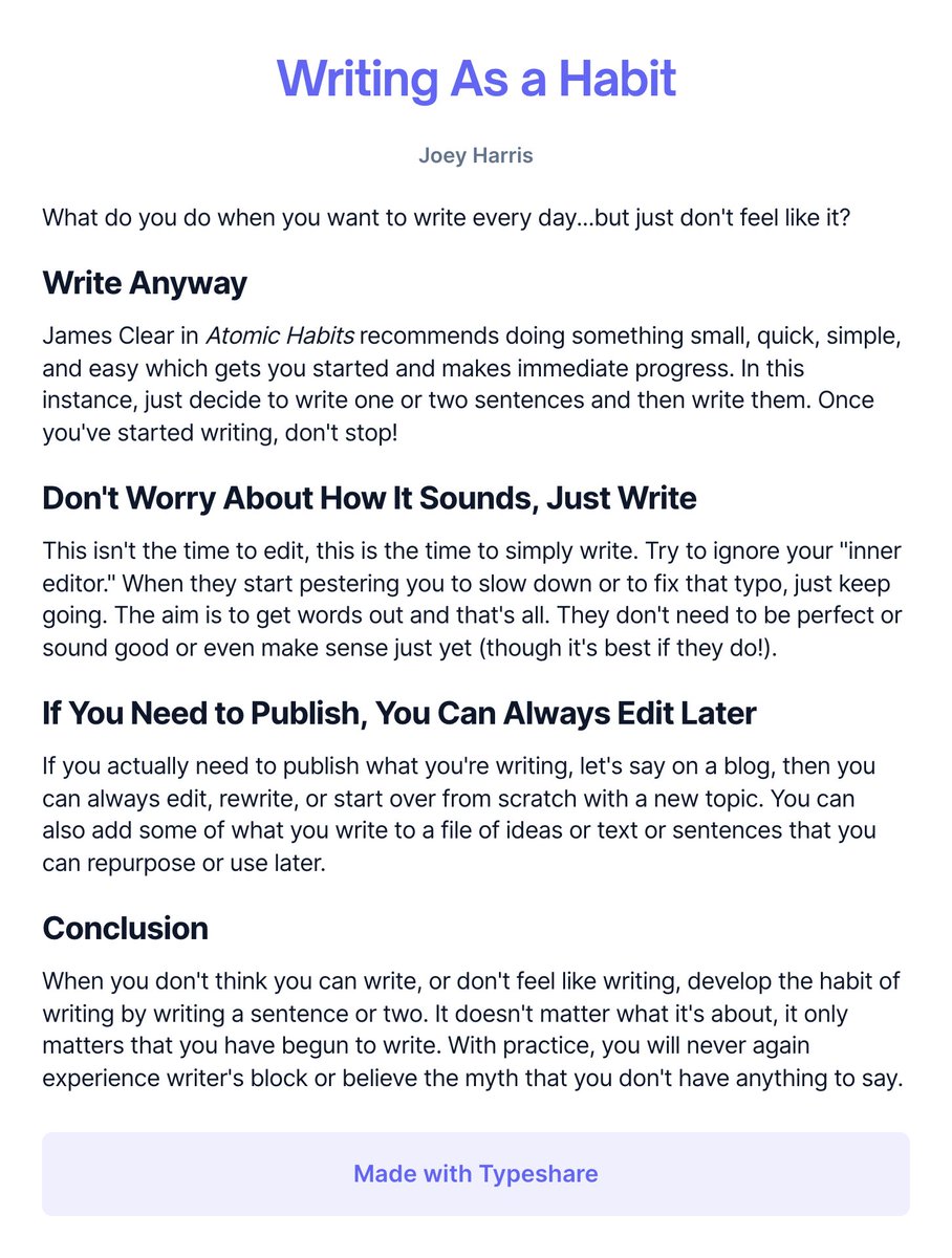 joeyharris's tweet photo. What do you do when you want to write every day but don't feel like it?
#atomicessay Day 4 #writing #essays #dailywritinghabits #writingeveryday #writerslife https://t.co/rgA5Zd8EWQ