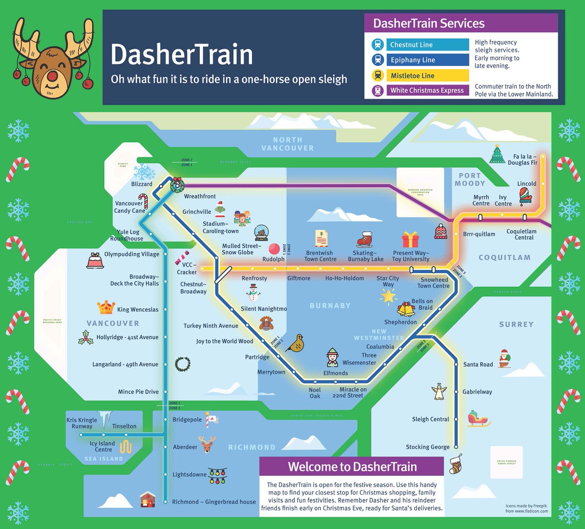 TransLinkNews's tweet photo. We brought you the #ReindeerBus, and now DasherTrain! Use this festive system map to take you to all of your last minute holiday shopping! 

You can also use the less-festive but more interactive map at https://t.co/fVWbdAlwLq to get you to that perfect gift! https://t.co/Tefxcg95D8
