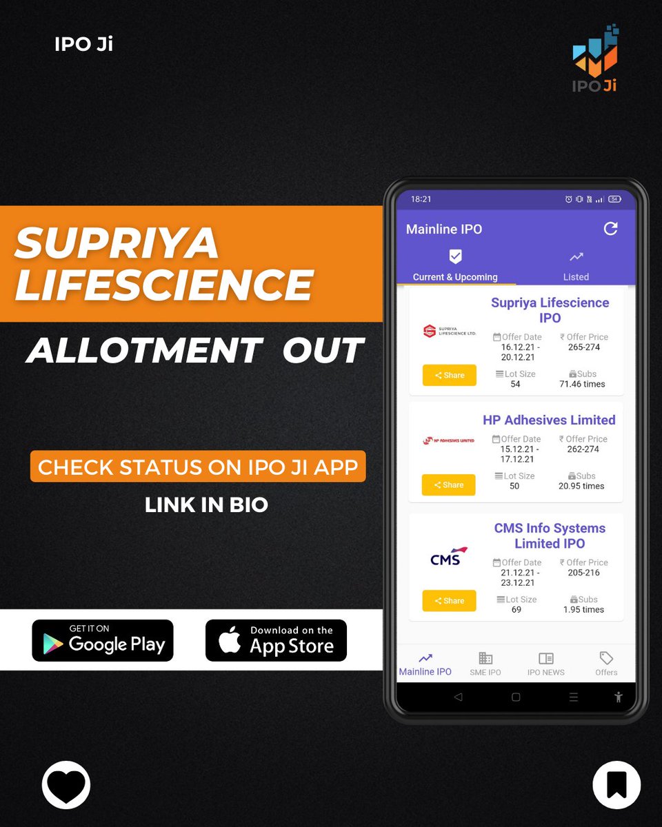 ipoji_'s tweet photo. COMMENT BELOW👇🏻 YOUR ALLOTMENT/SUBSCRIPTION STATUS?
Check Status on IPO Ji App 📱
Heavy Load on Registrar Servers
#SupriyaLifescience
#datapatterns #medplusipo #mapmyindiaipo #supriyaipo https://t.co/twvkPwtCTe