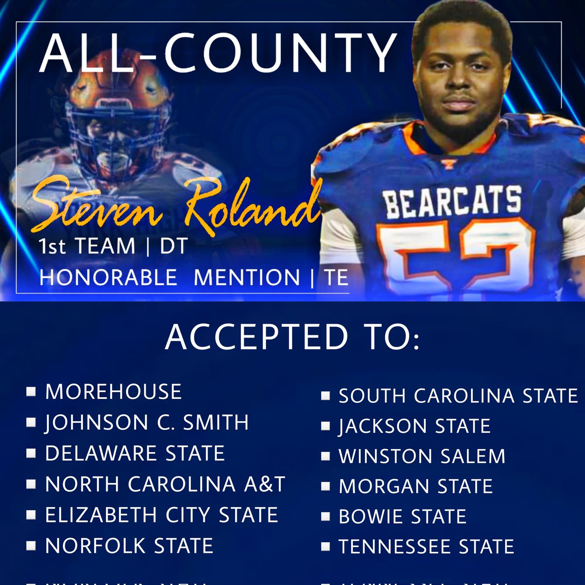 💣Recruiting still opened! Excited to receive Early Action Admissions. Time to connect with these Coaches. #straightdog  <a href="/HCHBCUPC/">HBCU FB</a> <a href="/FirstStatePreps/">Athletic Recruiting</a> <a href="/coachTBiggers/"> Tony Biggers</a> <a href="/MorehouseFB/">Morehouse Football</a>
<a href="/ECSUFBL/">ECSU FOOTBALL</a> <a href="/DelSt_Football/">Delaware State FB</a>
<a href="/MSUBearsFB/">Morgan State Football</a> <a href="/SCState_Fb/">South Carolina State Football</a>
2022 - 5'11 - 215
LB, DT, TE
hudl.com/v/2GKwgA