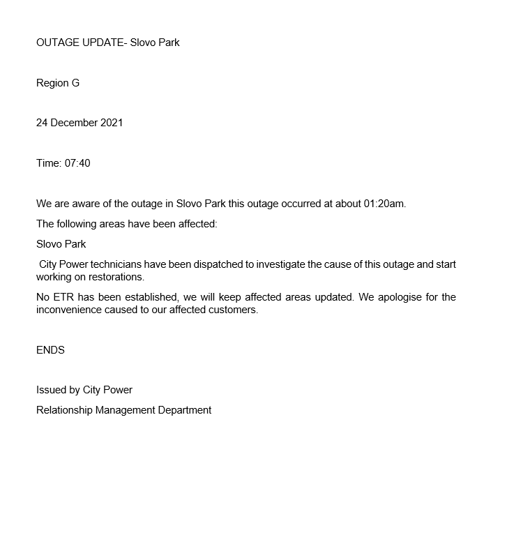 CityPowerJhb's tweet photo. Outage update on Slovo Park
#RegionG #JobugUpdates
Technicians have been dispatched to investigate this outage. ^TM https://t.co/tqdkpO9wBw