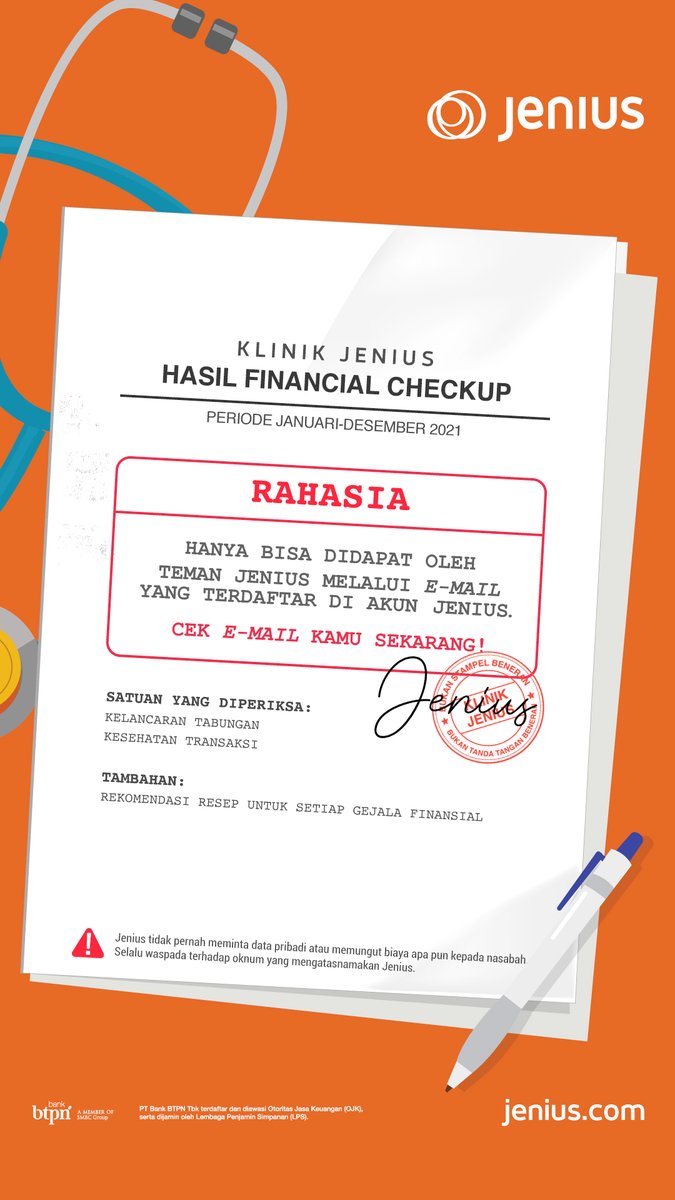 JeniusConnect's tweet photo. 📢 Panggilan kepada teman Jenius yang belum mengambil hasil financial checkup tahun 2021, agar segera membuka e-mail masing-masing.📢
Hasil checkup boleh di-share di kolom reply tweet ini untuk klaim hadiah spesial akhir tahun dari Jenius. Terima kasih! https://t.co/VH4SluqB2S