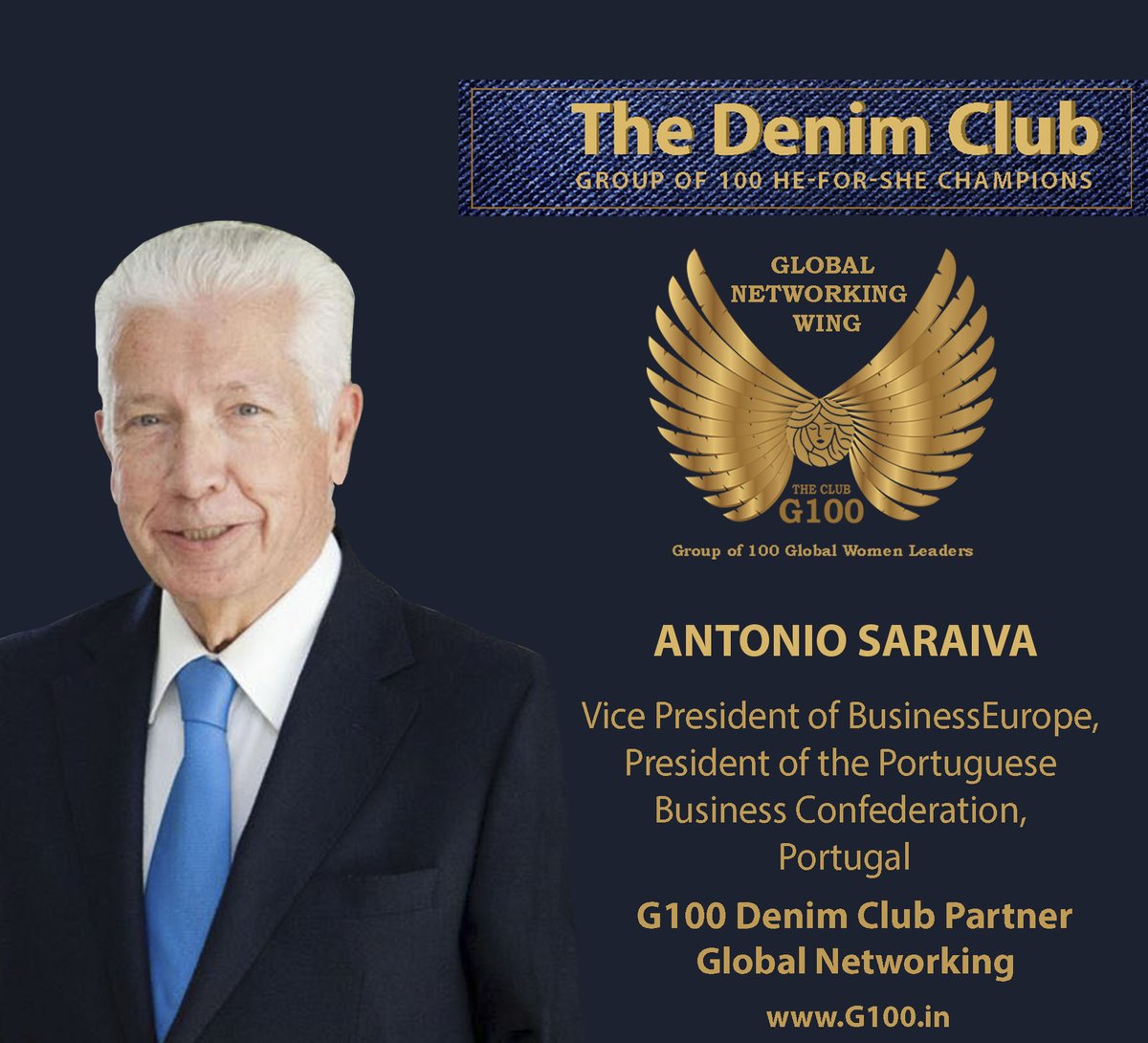 On behalf of Mar Introini, G100 Global Chair – Global Networking, welcoming for this wing G100 Denim Club partner for &amp; inspiring leader, Antonio Saraiva, President of CIP – The Portuguese Confederation of Business, Portugal.  #G100denimclub #HeForShe 
<a href="/MarIntroini/">Mar. Introini</a>