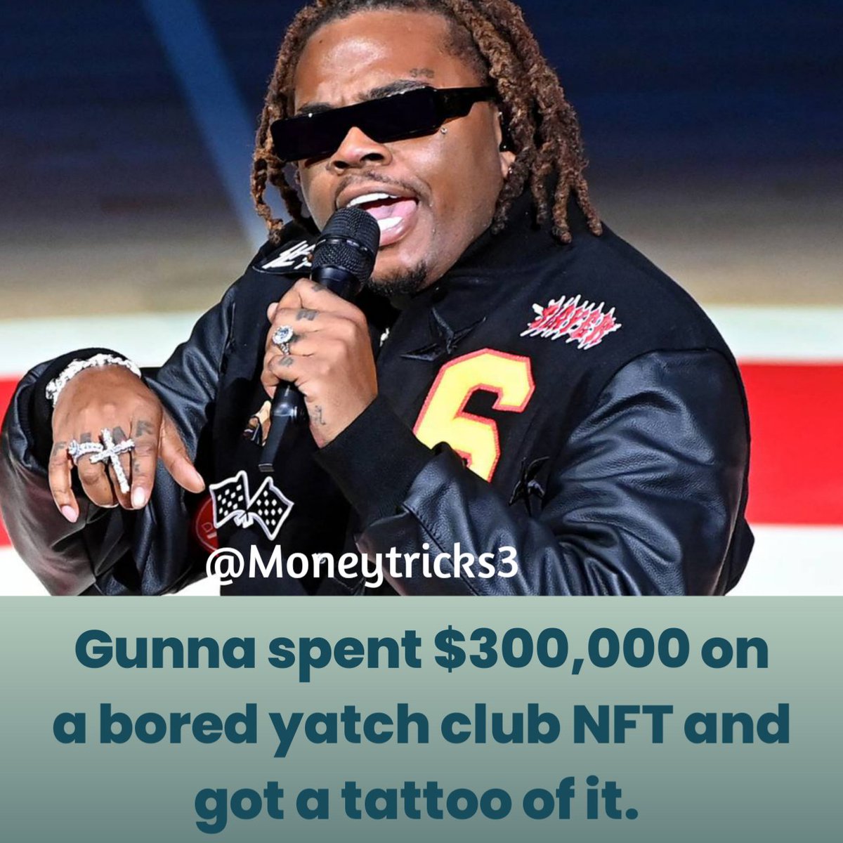 Moneytricks3's tweet photo. Gunna buys a $300,000 Bored Yatch club NFT and gets a tattoo of it.

#nft #NFTCommunity #nftcollection #NFTs #NFTdrop https://t.co/OOBdHxjpd8