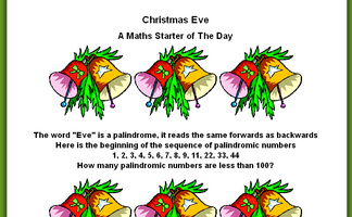 Transum's tweet photo. ChristMaths idea #24: "Christmas Eve". The word Eve is palindromic. Is there a pattern in the number of palindromic numbers to be found less than powers of 10?

↔️ https://t.co/3VjIkLGcvs

 #Mathschat #Mathchat  #Chrismaths

More #Christmaths at:

↔️ https://t.co/cnSgDQFN9p https://t.co/qbYHniCP7U