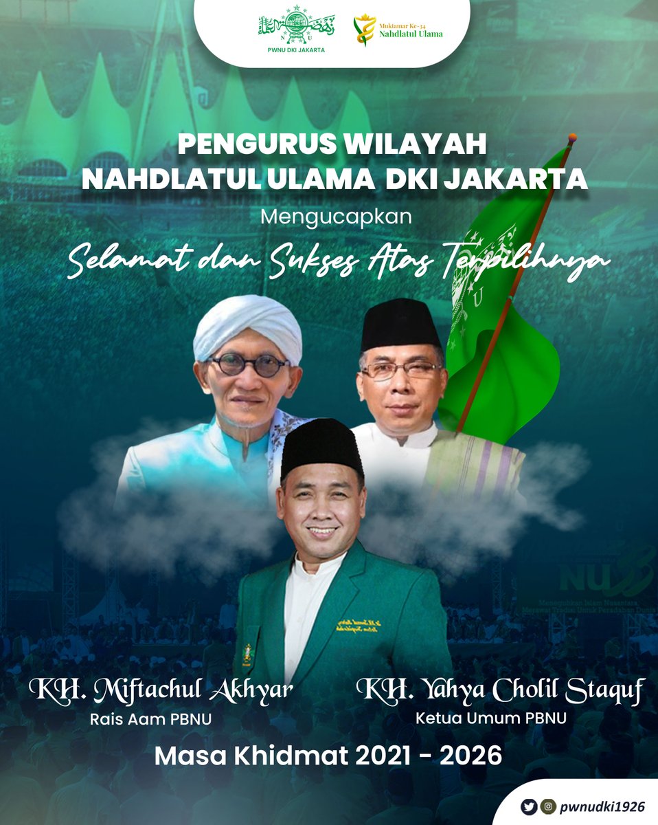 nudkijakarta's tweet photo. Selamat dan Sukses Atas Terpilihnya
KH. Miftachul Akhyar
sebagai
Rais Aam PBNU
KH. Yahya Cholil Staquf
sebagai
Ketua Umum PBNU
(Masa Khidmat 2021 -2026)
#nahdlatululama #pwnudki https://t.co/YFPWesTY9K