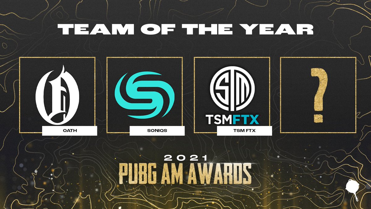 💠 TEAM OF THE YEAR 💠

Your #PUBGAwards nominees are: @OathGaming, <a href="/SoniqsEsports/">Soniqs</a>, <a href="/TSM/">TSM</a>, &amp; Nominee!

↩ Reply to Nominate
💛Like or Retweet to Vote for Nomination

🗳 Nominations close at 11:59PM PT on Dec 27th.

#PannedGG #PUBGAwards #PUBGEsports
