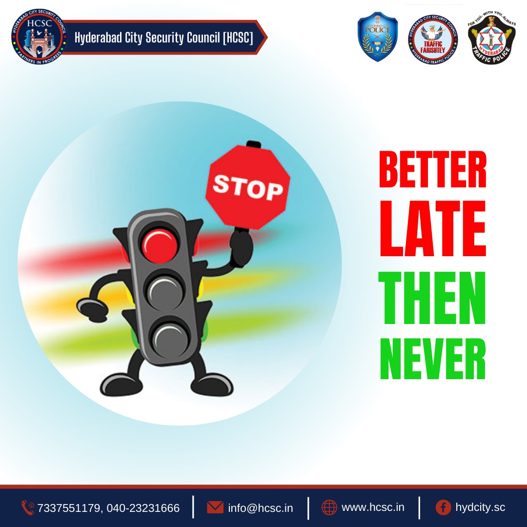 Hyderabad City Security Council (@hcsc_hyd) on Twitter photo It's Better Late Than Never
#ObeyTrafficRules
#HyderabadCitySecurityCouncil #Hyderabad #HyderabadPolice #TrafficRules #Awareness #Signal #StopSign
<a href="/hydcitypolice/">Hyderabad City Police</a> <a href="/CPHydCity/">CP Hyderabad City Police</a> <a href="/HYDTP/">Hyderabad Traffic Police</a> <a href="/AddlCPTrHyd/">Addl CP Traffic</a> It's Better Late Than Never
#ObeyTrafficRules
#HyderabadCitySecurityCouncil #Hyderabad #HyderabadPolice #TrafficRules #Awareness #Signal #StopSign
<a href="/hydcitypolice/">Hyderabad City Police</a> <a href="/CPHydCity/">CP Hyderabad City Police</a> <a href="/HYDTP/">Hyderabad Traffic Police</a> <a href="/AddlCPTrHyd/">Addl CP Traffic</a>