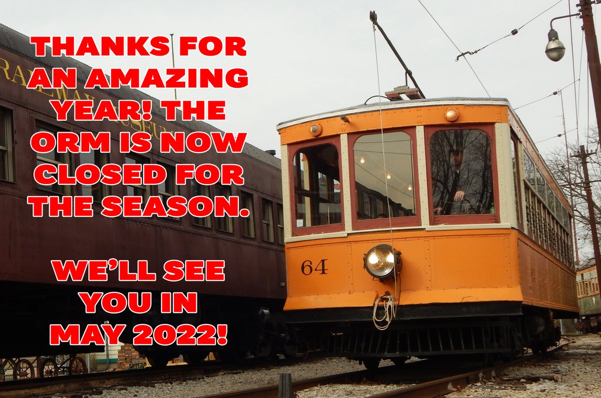 OhioRailway's tweet photo. Thank you for a wonderful year with us at the Ohio Railway Museum! We are now closed for the season, and plan to reopen in May 2022. Stay tuned for updates on our work sessions, volunteer recruitment, &amp; more!
#ohiorailwaymuseum #interurban #ops64 #interurban64 #onlyinworthington https://t.co/cufbUyVBZ2