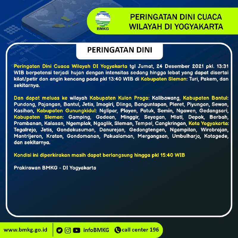 Peringatan Dini Cuaca DIY Tanggal 24 Desember 2021 pukul 13.31 WIB.
#InfoCuacaJogja #BMKGDIY Cc: <a href="/SAR_NASIONAL/">@SAR_NASIONAL</a> <a href="/BNPB_Indonesia/">BNPB Indonesia</a> <a href="/poskopmidiy/">POSKO PMI DIY</a>