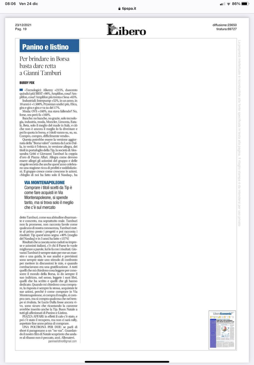 Da ⁦<a href="/paninoelistino/">Buddy Fox</a>⁩ un plauso immeritato. Buon Natale a tutti ⁦<a href="/TamburiTIP/">Tamburi Investment Partners</a>⁩