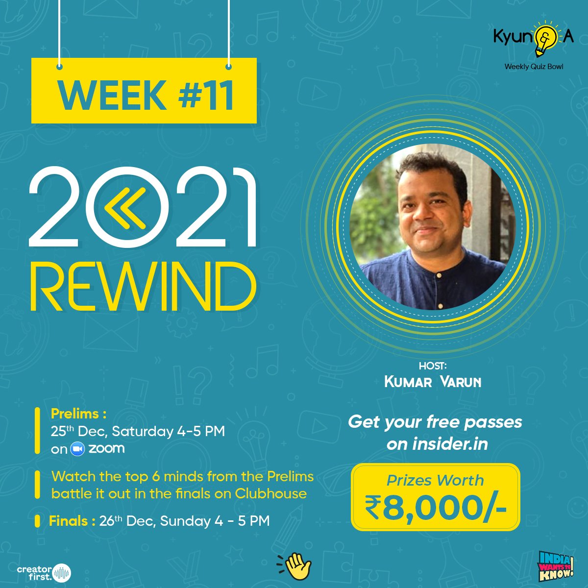 All Things Small (@atsdotin) on Twitter photo Hello, ready to leave 2021 behind? Not just yet! It's time for a 2021 rewind <a href="/KyunAndAQuiz/">Kyun and A</a>.
Prelims: 25th Dec, 4 - 5p, Zoom
Register here: insider.in/kyun-a-11-dec2ā¦
Finals for top 6 on Sunday, 4 - 5pm hosted by @RandomVarun
<a href="/IWTKQuiz/">India Wants To Know: India's First Panel Quiz Show</a> <a href="/Clubhouse/">Clubhouse</a> <a href="/gobeatroute/">BeatRoute</a> Hello, ready to leave 2021 behind? Not just yet! It's time for a 2021 rewind <a href="/KyunAndAQuiz/">Kyun and A</a>.
Prelims: 25th Dec, 4 - 5p, Zoom
Register here: insider.in/kyun-a-11-dec2ā¦
Finals for top 6 on Sunday, 4 - 5pm hosted by @RandomVarun
<a href="/IWTKQuiz/">India Wants To Know: India's First Panel Quiz Show</a> <a href="/Clubhouse/">Clubhouse</a> <a href="/gobeatroute/">BeatRoute</a>