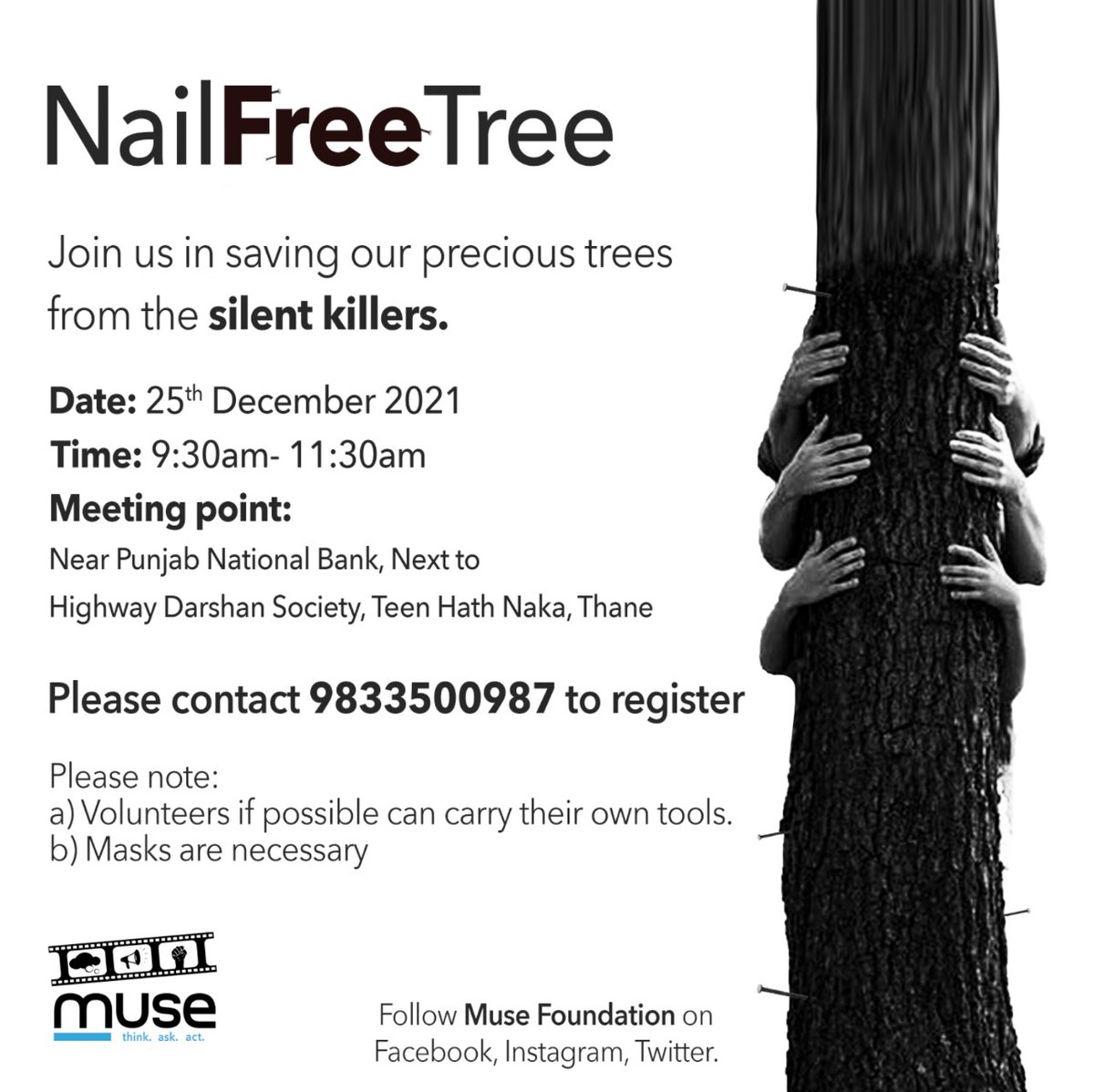 FoundationMuse's tweet photo. Let's come together to remove those nails and save the trees. Even a single tree saved goes a long way.
Things to carry if you have -
1. Screwdrivers
2. Nail pluckers
#savetrees #nailfreetree #savetress #savethane #Savemumbai #mumbai https://t.co/36h9MJ1SZI