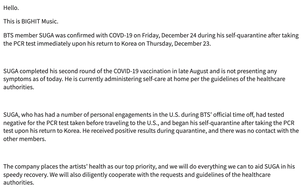 BTSdailyinfo's tweet photo. [WEVERSE] 211224 @BTS_twt 

BTS SUGA was confirmed with COVD-19 on Friday, December 24 during his self-quarantine after taking the PCR test immediately upon his return to Korea on Thursday, December 23.

🔗 (https://t.co/N5ghZb4ANa) https://t.co/XXpW0ASpET
