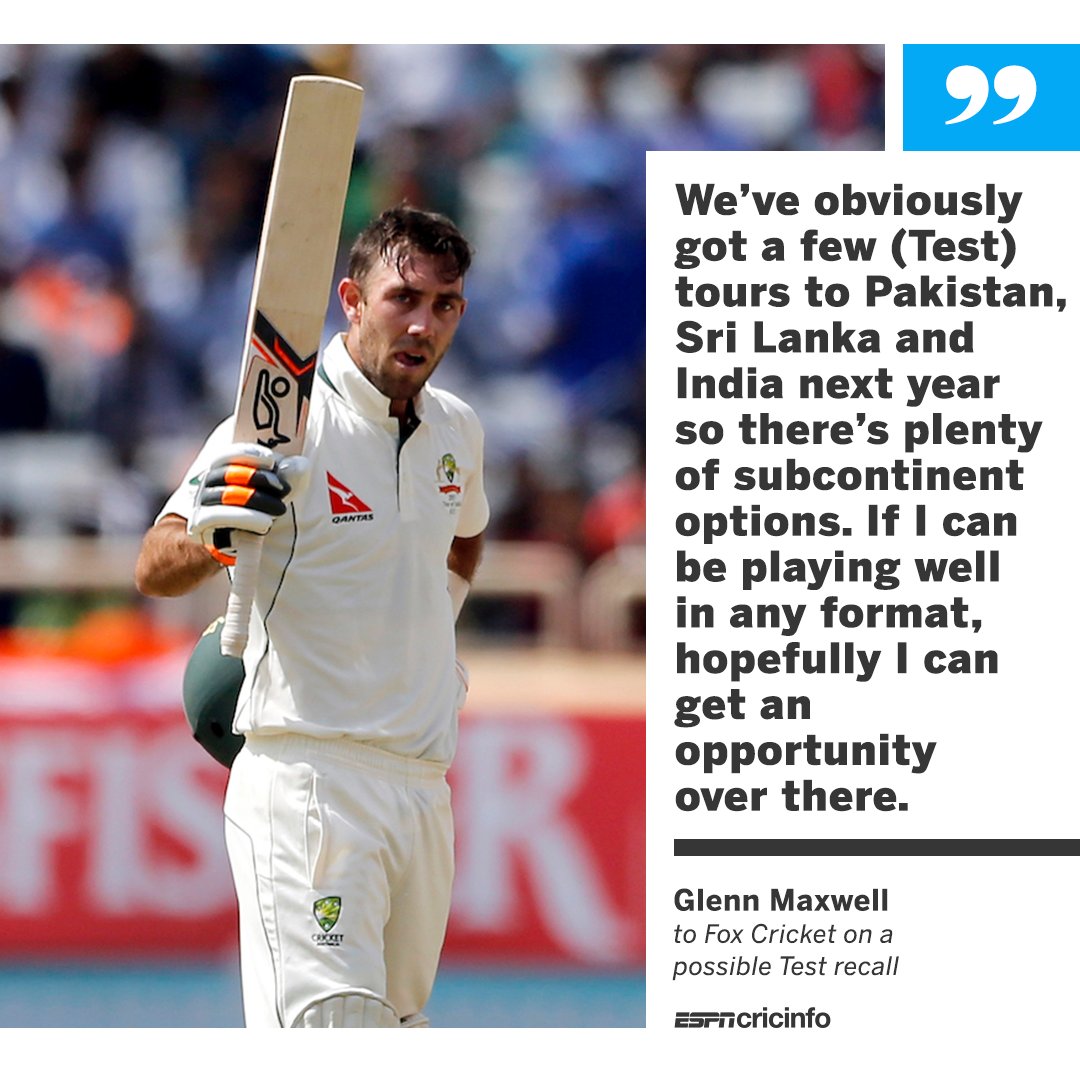 cricinfo's tweet photo. Glenn Maxwell hasn't played a Test match since 2017. But should Australia have a look at him for their 2022 subcontinent tours? https://t.co/29fWJZu2mc