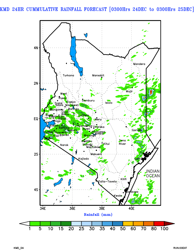 Today weather outlook
Some parts of Kenya are likely to continue receiving some pockets of showers🌦️ as we are preparing for the Christmas holiday, especially over Wajir, Garissa, Isiolo, Mandera, Tana River, Lamu, Nairobi, Kitui, Makueni, Machakos, Murang’a, Nyeri, Nyandarua,