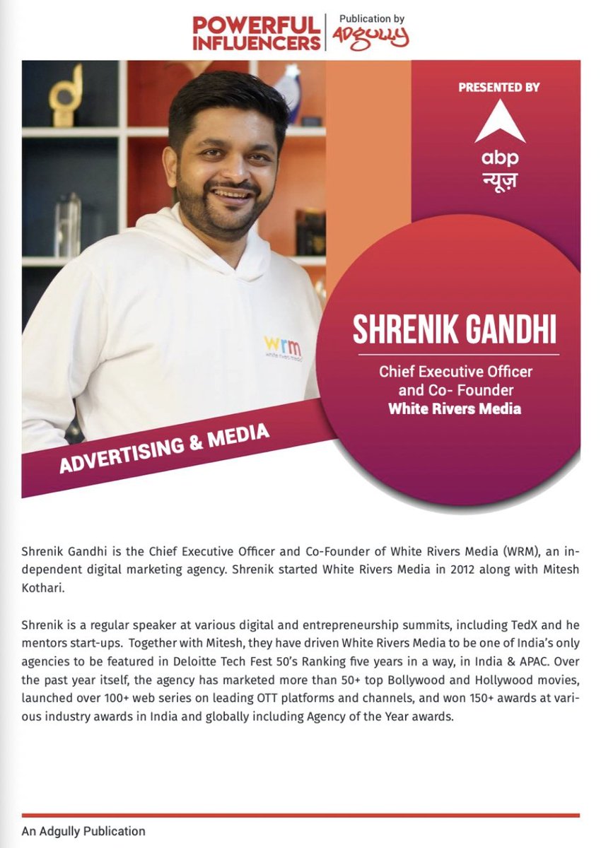 WhiteRiversM's tweet photo. #WRMinNews
The festive season just got jollier! 

Here's cheering our CEO @gandhi_shrenik getting featured as one of the Top 20 Powerful Influencers in Advertising and Media fraternity and one of the Top 200 Powerful Influencers Pan-India by @adgully  

#PowerfulInfluencers2021 https://t.co/DdYtQhgMZr
