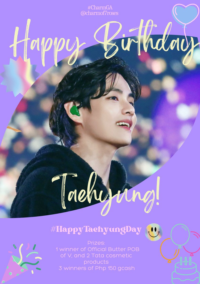 charmof7roses's tweet photo. #CharmGA
#HappyTaehyungDay Giveaway 🥳
🎁 1 winner of Butter POB of V & 2 Tata cosmetic product
🎁 3 winners of ₱150
✨Follow me
✨Like and RT this tweet
✨QRT with #HappyTaehyungDay
✨Comment your bday wish & fave photo of V use #HappyBirthdayTaehyung
Ends on December 31! https://t.co/k0BEKfrmpf