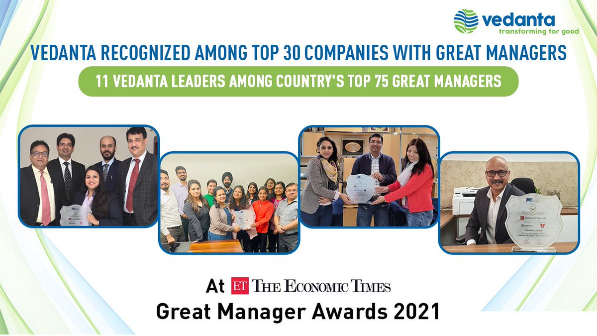 Vedanta_Group's tweet photo. Vedanta has been selected among Top 30 Companies with Great Managers by @EconomicTimes Great Manager Awards 2021 & 11 of our managers are featured among Country's Top 75 Managers, testament to our #peoplefirst approach.
#TransformingWorkForce #TransformingForGood https://t.co/qOYn7FkBnt