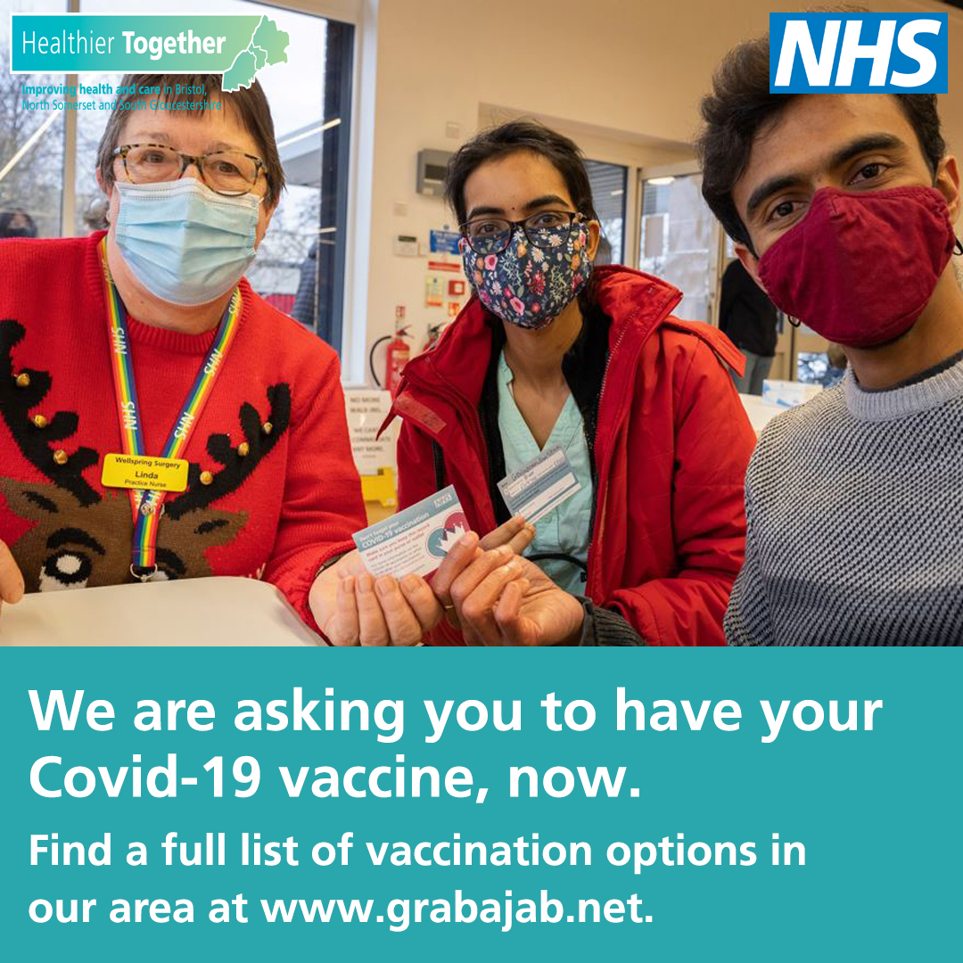 BNSSG_ICB's tweet photo. We’re asking you to get your COVID-19 vaccination, now.

There's lots of vaccination availability for booked appointments and walk-in clinics before the new year. 

You can find a full list of all local vaccination options over the Christmas period at https://t.co/oyLfbj2Q79. https://t.co/70XthnP3aX