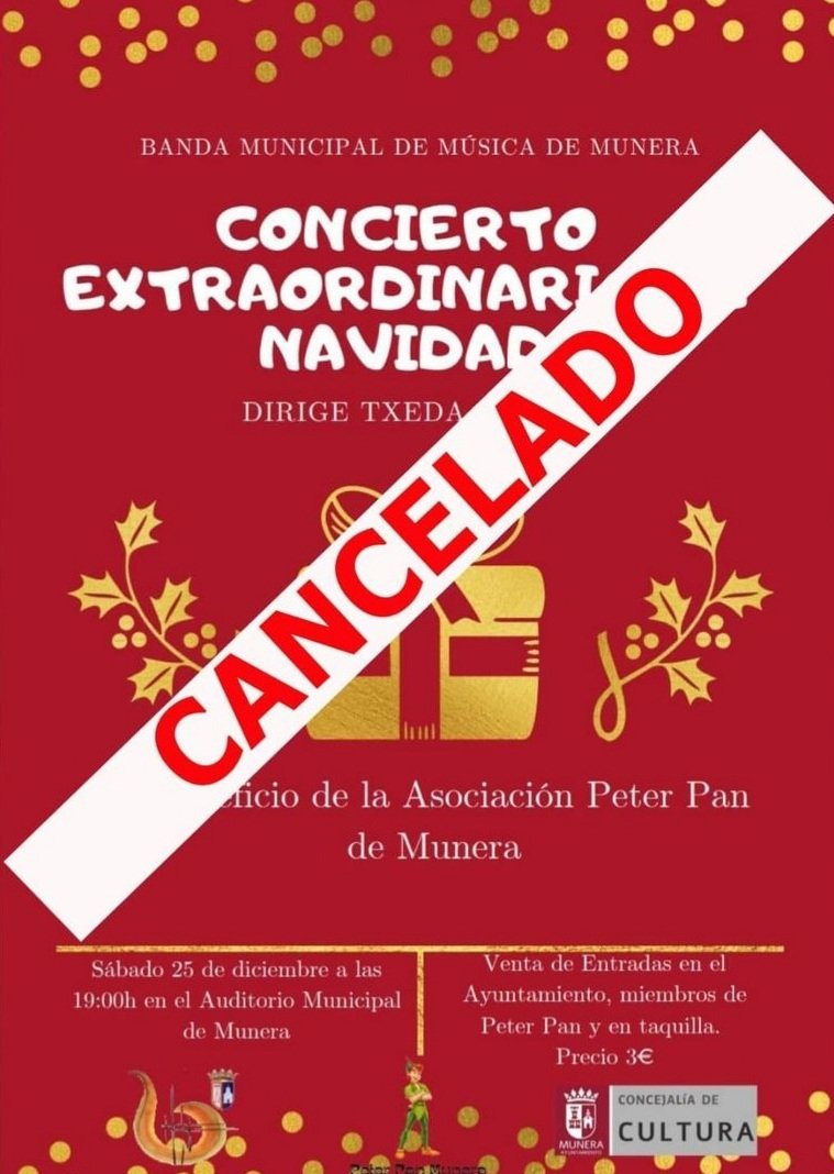 BandadeMunera's tweet photo. Debido a la situación sanitaria, desde la Banda de Música de Munera damos por cancelado el concierto. Esperamos que todos estéis bien y que paséis unas buenas fiestas ya sea en compañía de los vuestros o en confinamiento.
#Volveremos #APorLaSiguiente #CuidaosMucho https://t.co/vACSFMUvGK